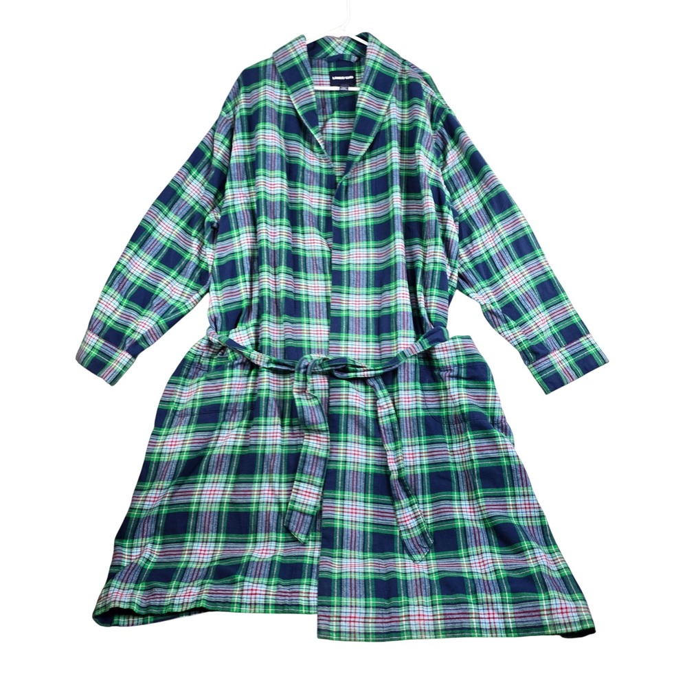 Lands' End Flannel Robe Mens XL Green Navy Plaid Cotton Sleepwear Loungewear